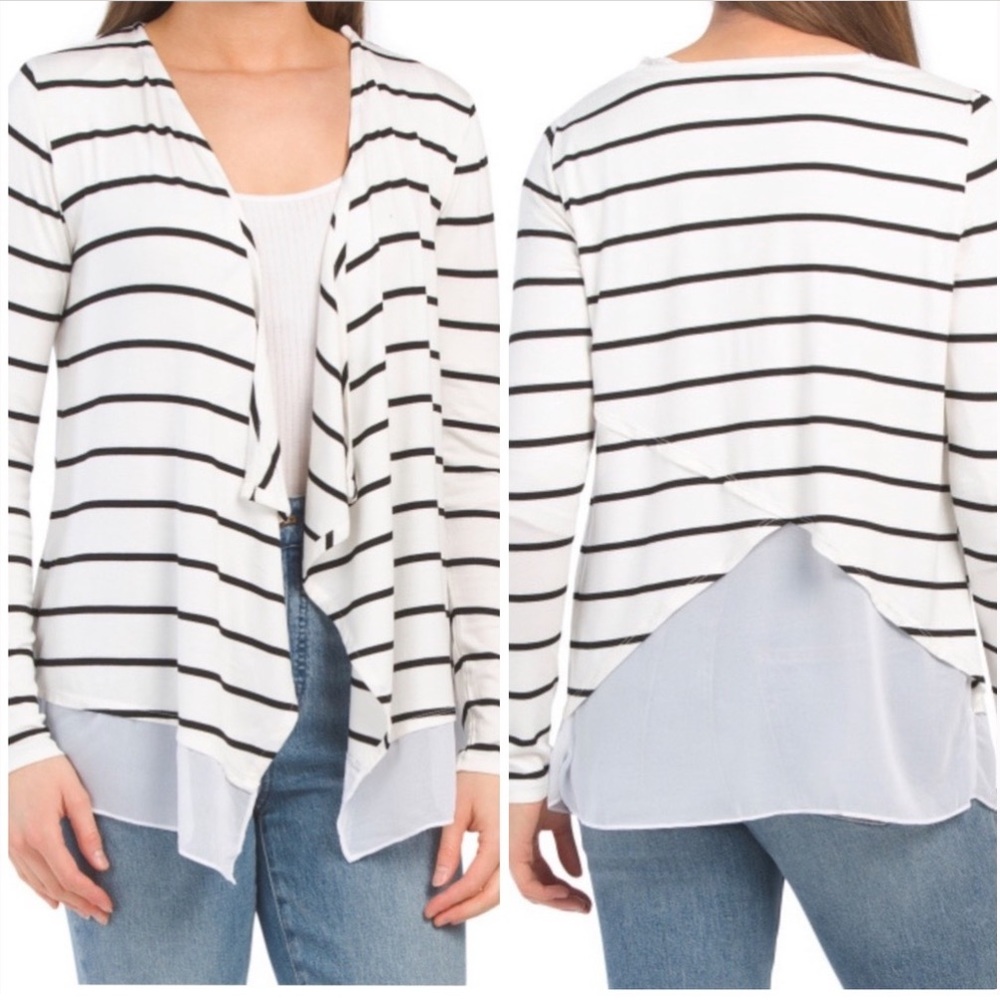 WHBM STRIPED KNIT CARDIGAN WITH CHIFFON HEM
